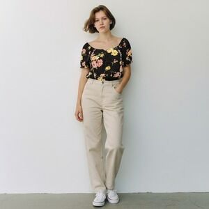 Love, Fire Women's Smocked Waist Peasant Blouse Black Floral Embroidered Size M